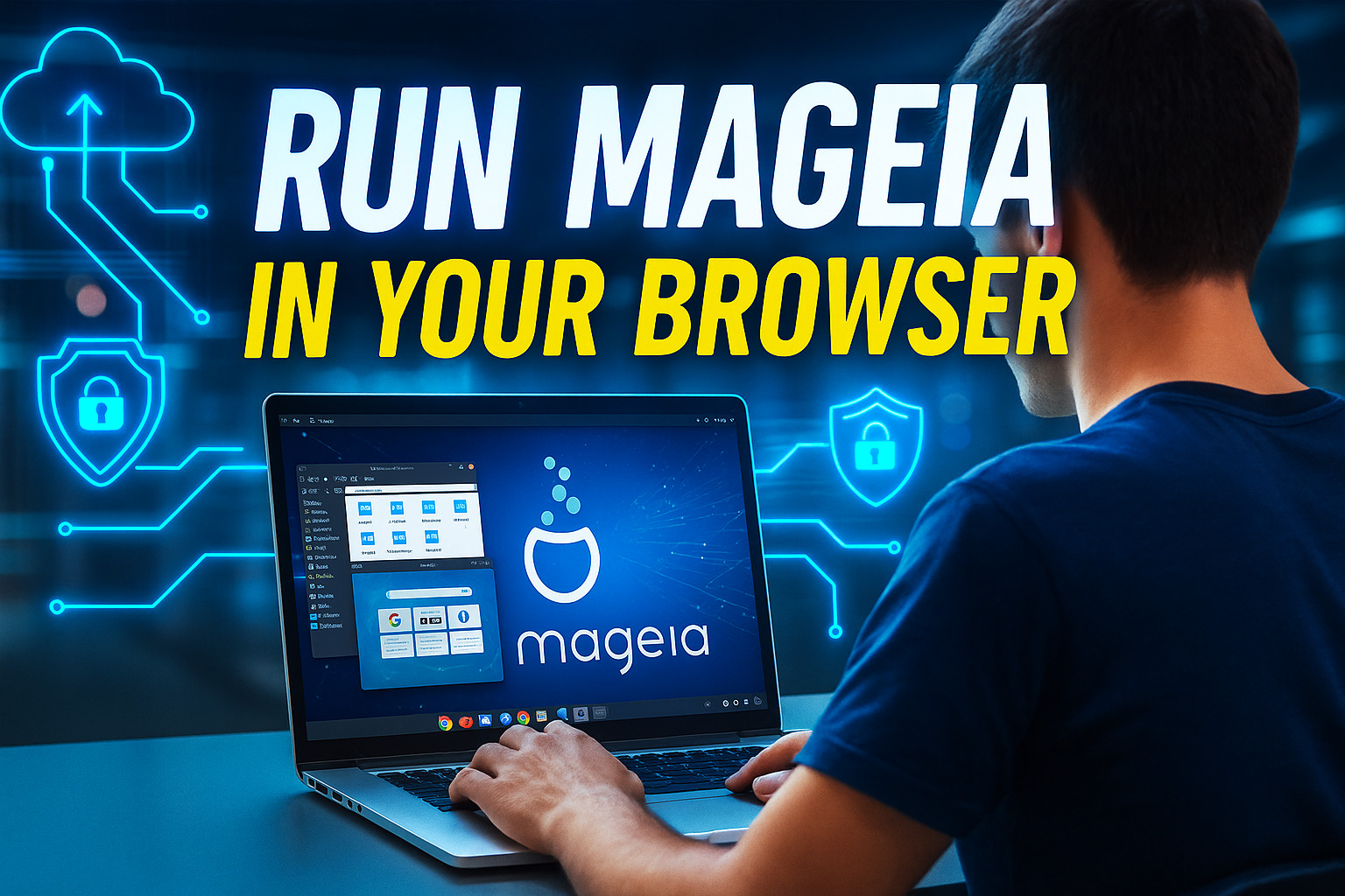 Promotional image showing Mageia Online Linux desktop running on a laptop in a high-tech digital environment, with futuristic cloud and cybersecurity icons representing browser-based access.