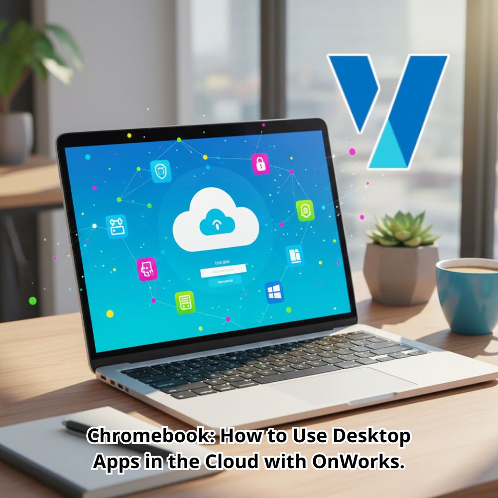 The laptop screen displays a cloud desktop interface.