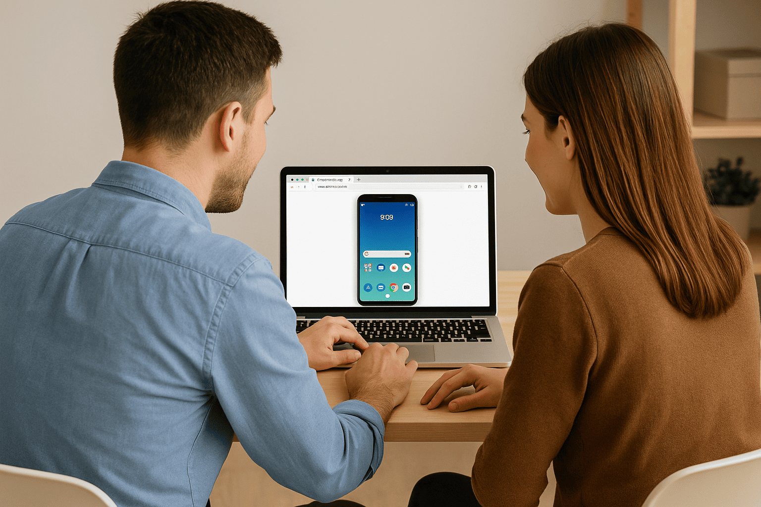 Two young professionals working together on a laptop, testing Android apps online with MyAndroid.org emulator in the browser.