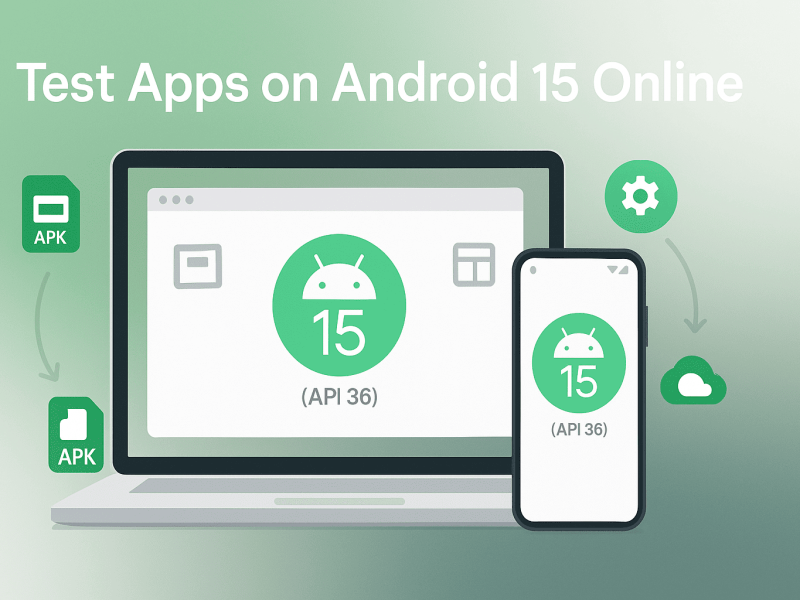 Ilustración minimalista que muestra un portátil y un smartphone modernos con la interfaz de MyAndroid Android 15 (API 36) en sus pantallas. Alrededor flotan íconos de archivos APK, una ventana de aplicación y un engranaje de ajustes, con flechas y un icono de nube que simbolizan pruebas en línea sin instalación. Fondo en degradado verde y blanco con estilo profesional y tecnológico. Texto: “Test Apps on Android 15 Online”.