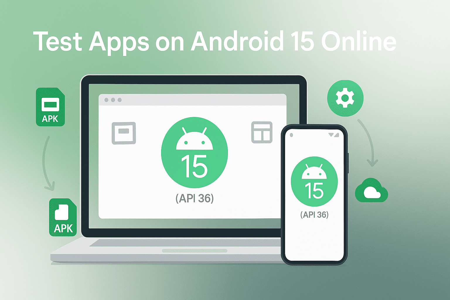 Ilustración minimalista que muestra un portátil y un smartphone modernos con la interfaz de MyAndroid Android 15 (API 36) en sus pantallas. Alrededor flotan íconos de archivos APK, una ventana de aplicación y un engranaje de ajustes, con flechas y un icono de nube que simbolizan pruebas en línea sin instalación. Fondo en degradado verde y blanco con estilo profesional y tecnológico. Texto: “Test Apps on Android 15 Online”.
