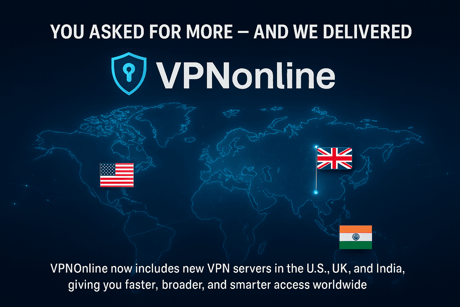 Futuristic digital map showing new VPN server locations in the U.S., UK, and India, with country flags, glowing lines, and promotional text about OffiDocs VPNOnline global expansion