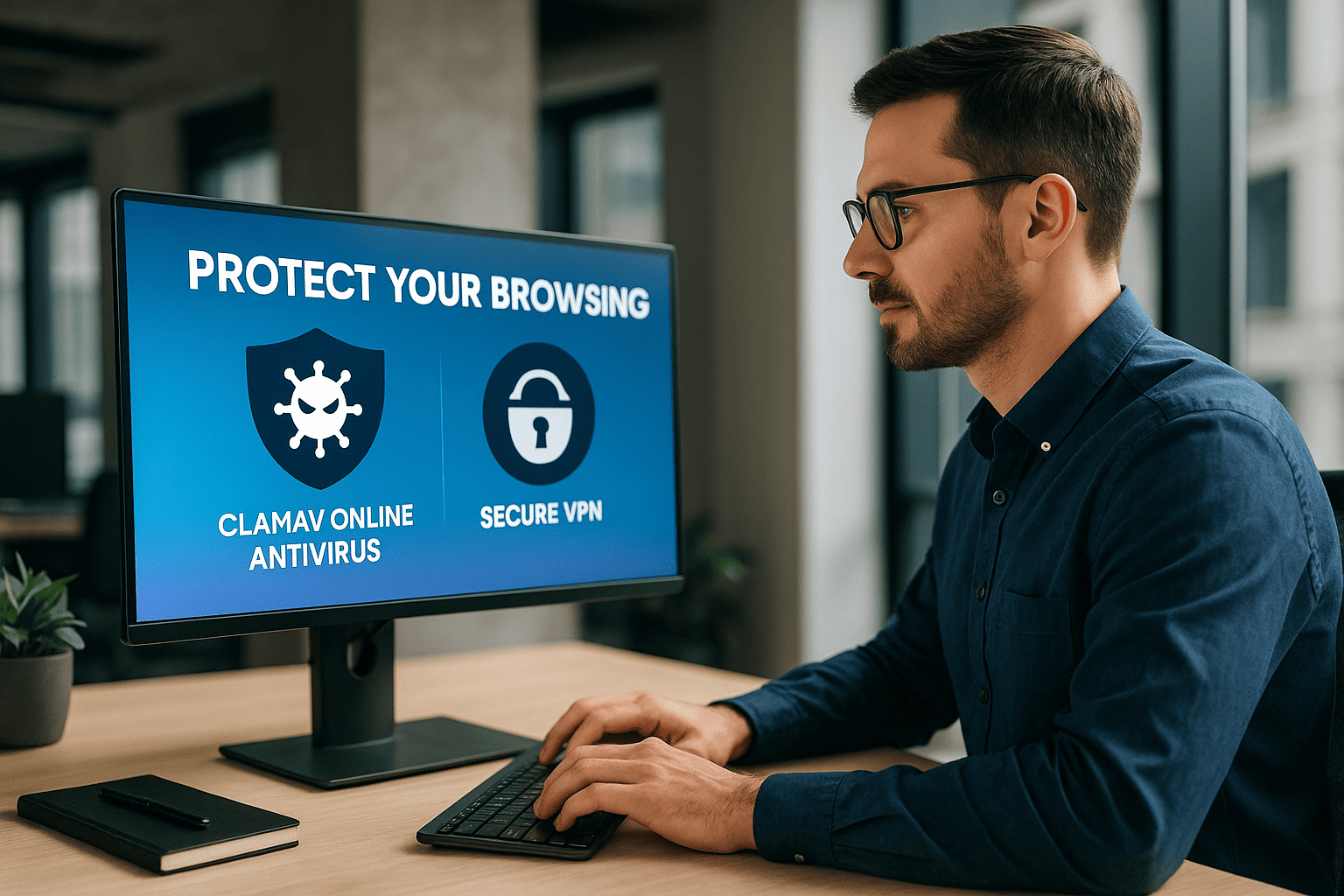 Professional man working on a computer in a modern office with “ClamAV Online Antivirus” and “Secure VPN” tools displayed on the screen.