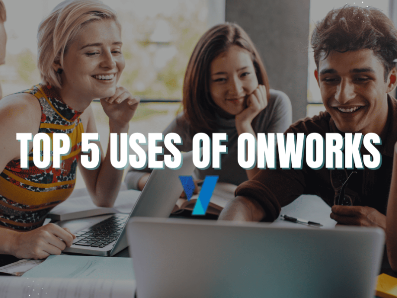 Group of students collaborating around laptops in a library setting, smiling and studying together, with bold text overlay 'Top 5 Uses of OnWorks'. Perfect representation of OnWorks for Students — Top 5 Creative Uses