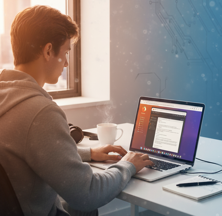 Real person using Ubuntu online with Jupyter Notebook in a modern workspace through OnWorks, representing cloud-based coding and productivity.