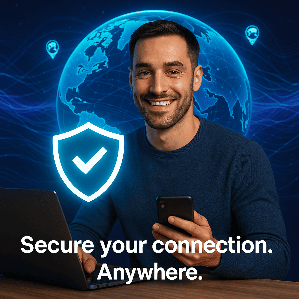Man using VPN on laptop and smartphone with glowing shield icon and digital world map background, representing secure global online connection.