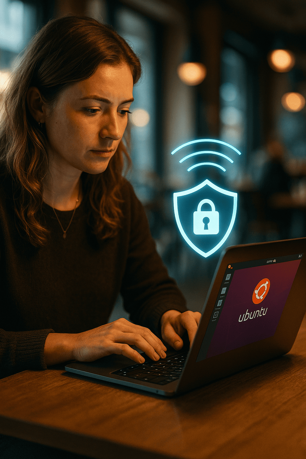 Woman using Ubuntu on a laptop in a café, connected to public Wi-Fi and activating a vpn for public wifi linux for secure browsing.