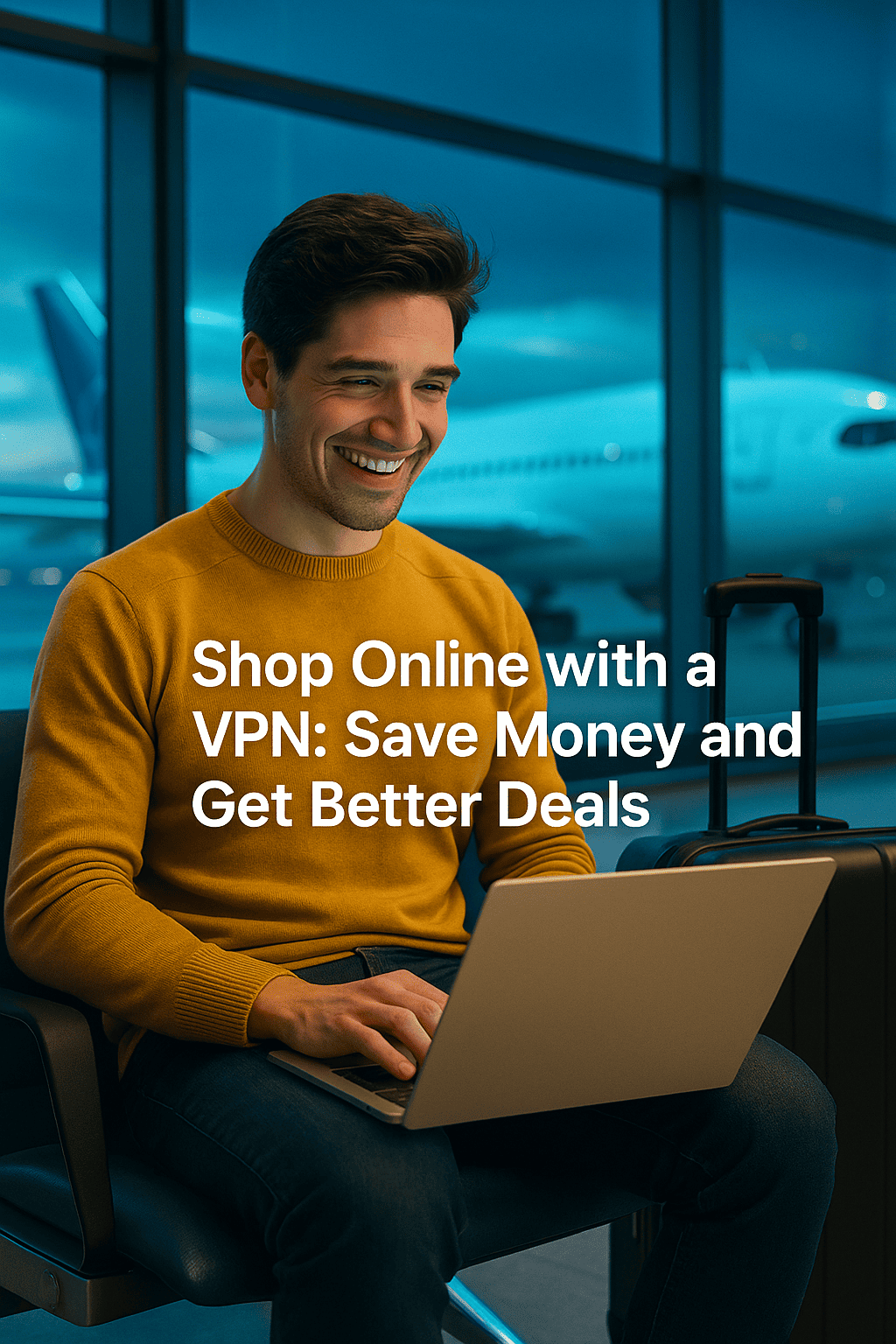 Young man at airport using laptop with a smile, showing how to shop online with VPN to save money and get better deals before a flight.